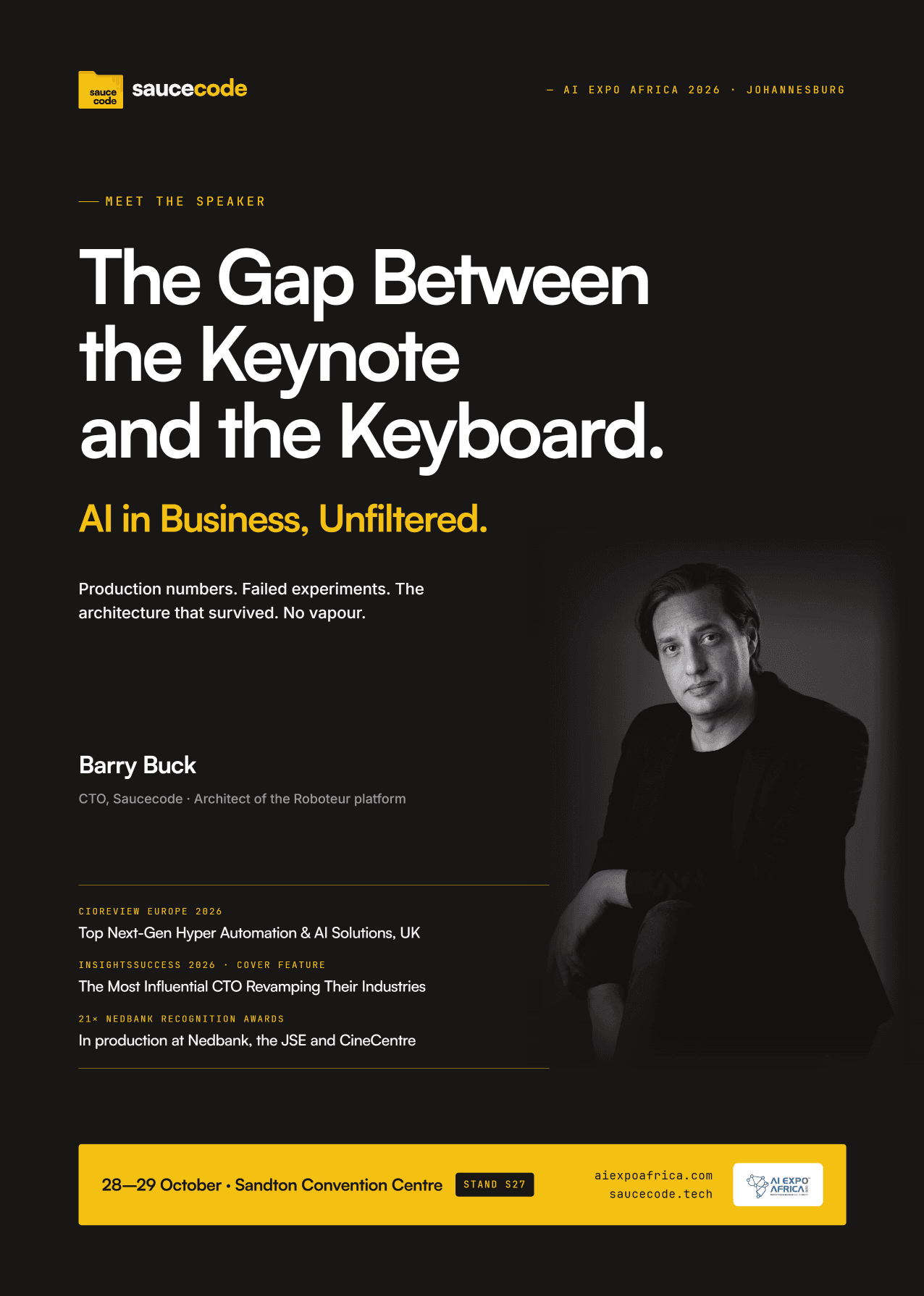 Barry Buck speaking at AI Expo Africa 2026: The Gap Between the Keynote and the Keyboard.