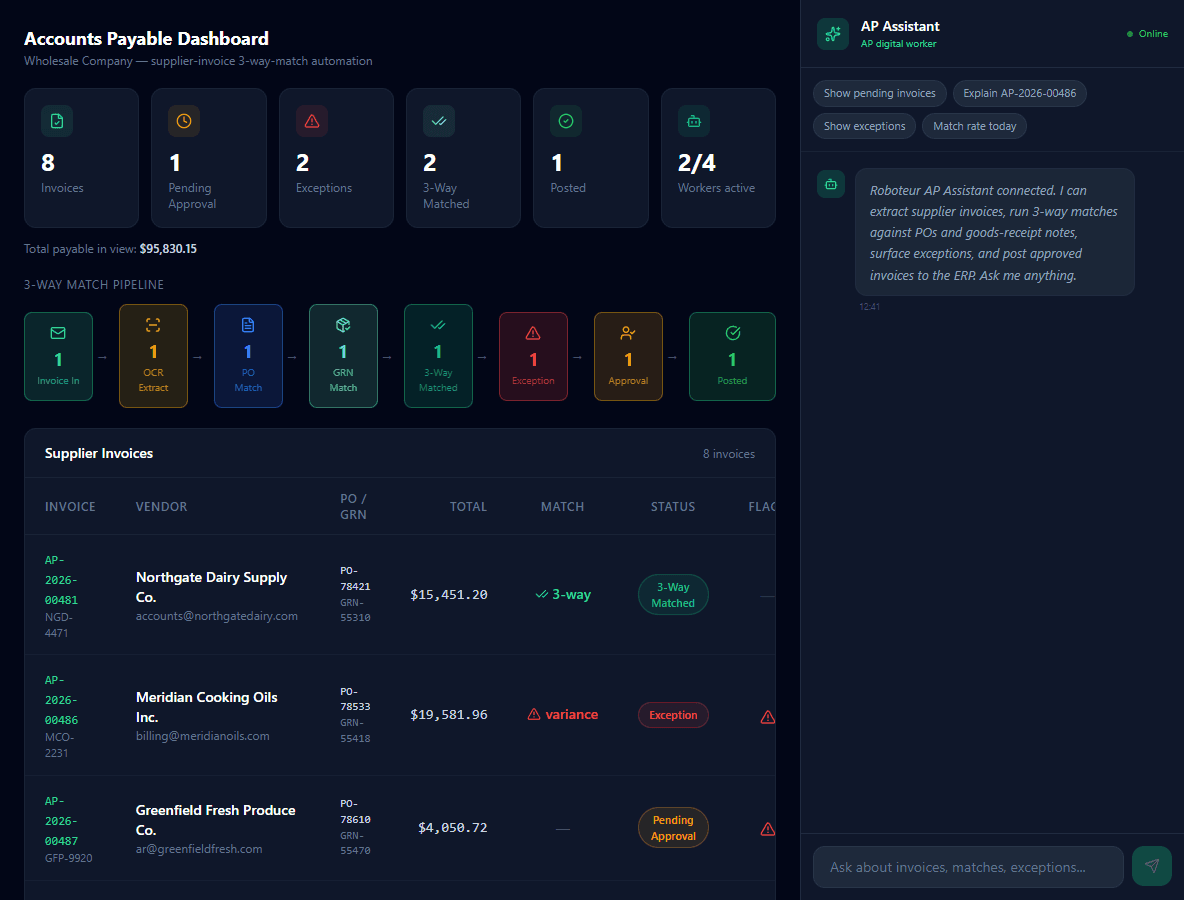 One invoice in. Matched, coded, posted.